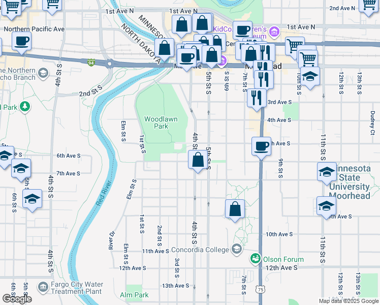 map of restaurants, bars, coffee shops, grocery stores, and more near 511 4th Street South in Moorhead