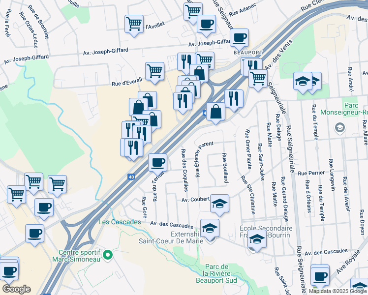 map of restaurants, bars, coffee shops, grocery stores, and more near 98 Rue des Coquilles in Quebec