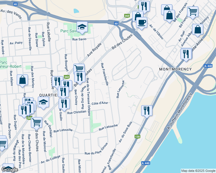 map of restaurants, bars, coffee shops, grocery stores, and more near 36 Rue Francheville in Quebec