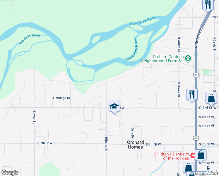 map of restaurants, bars, coffee shops, grocery stores, and more near 282 Hiberta Street in Missoula