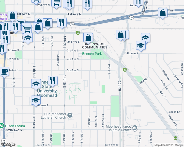 map of restaurants, bars, coffee shops, grocery stores, and more near 504 17th Street South in Moorhead
