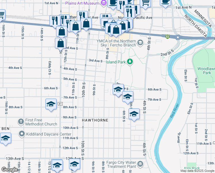 map of restaurants, bars, coffee shops, grocery stores, and more near 511 8th Street South in Fargo