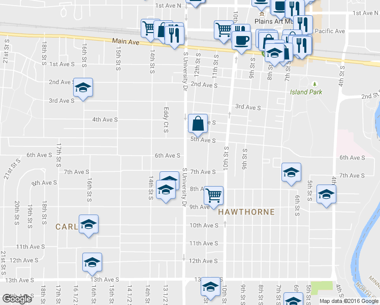 map of restaurants, bars, coffee shops, grocery stores, and more near 516 South University Drive in Fargo