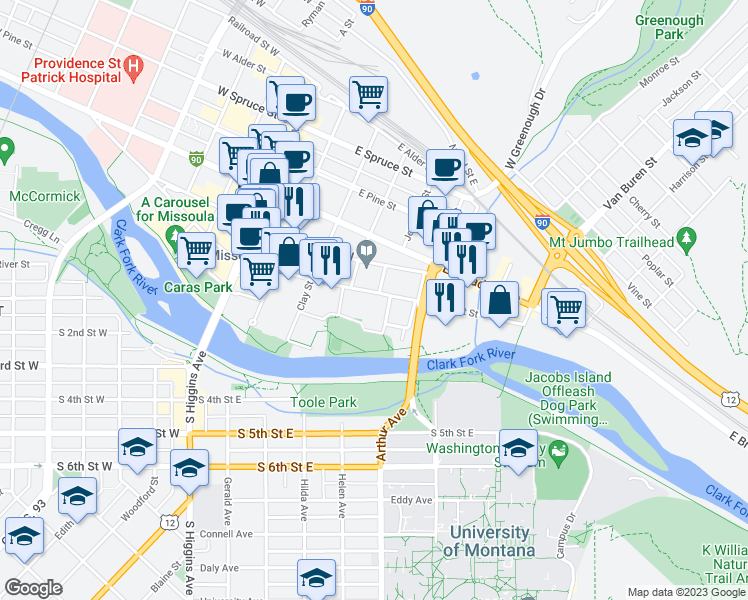 map of restaurants, bars, coffee shops, grocery stores, and more near 427 East Front Street in Missoula