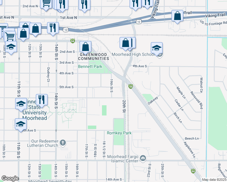 map of restaurants, bars, coffee shops, grocery stores, and more near 506 19th Street South in Moorhead
