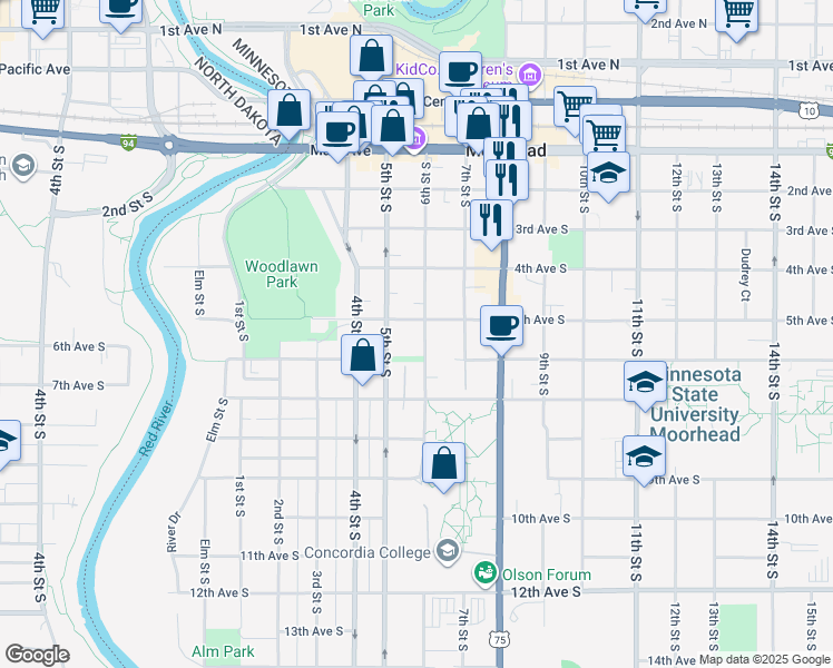 map of restaurants, bars, coffee shops, grocery stores, and more near 509 6th Street South in Moorhead