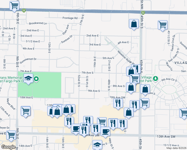 map of restaurants, bars, coffee shops, grocery stores, and more near 701 50th St S in Fargo