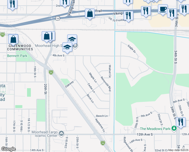 map of restaurants, bars, coffee shops, grocery stores, and more near 518 Maple Lane in Moorhead