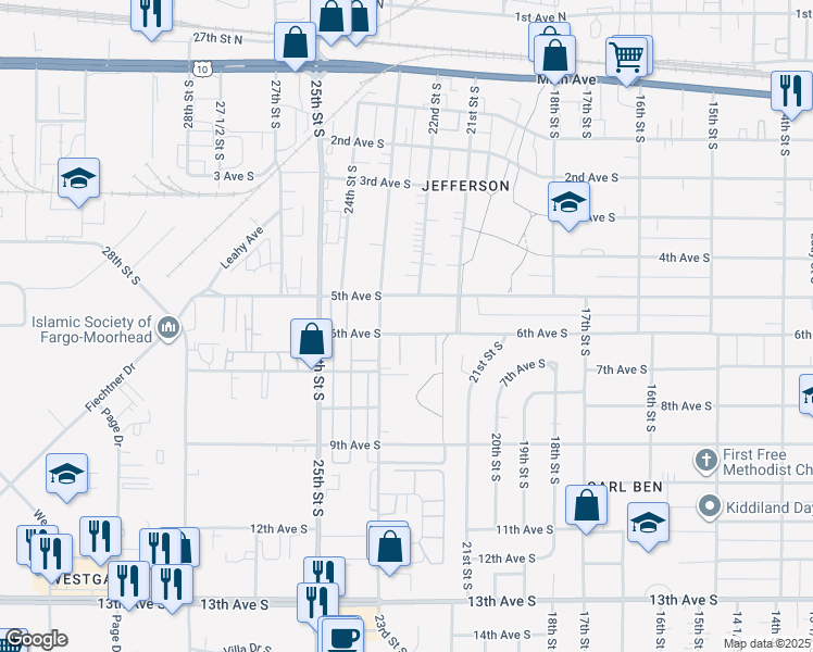 map of restaurants, bars, coffee shops, grocery stores, and more near 2209 6th Avenue South in Fargo
