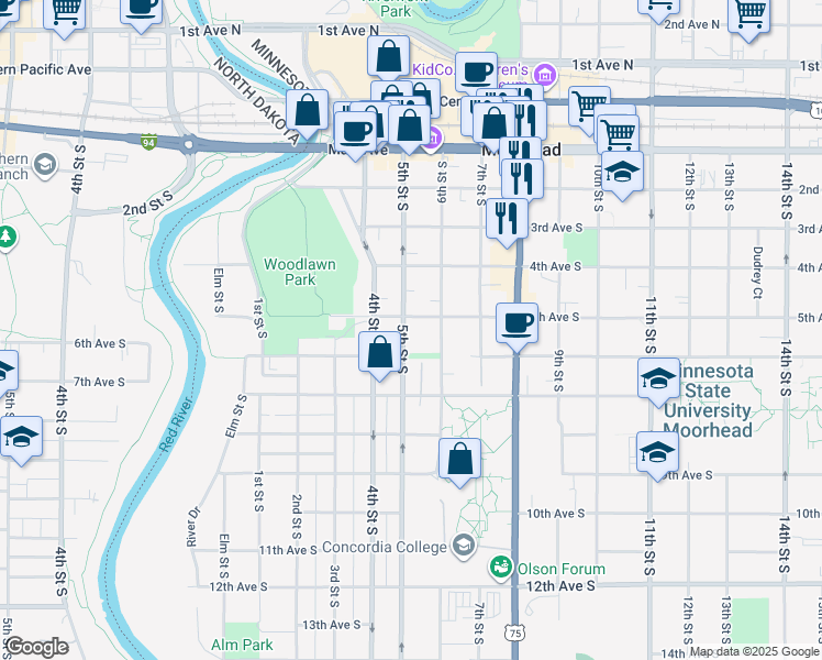 map of restaurants, bars, coffee shops, grocery stores, and more near 506 5th Street South in Moorhead