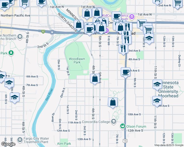 map of restaurants, bars, coffee shops, grocery stores, and more near 511 4th Street South in Moorhead