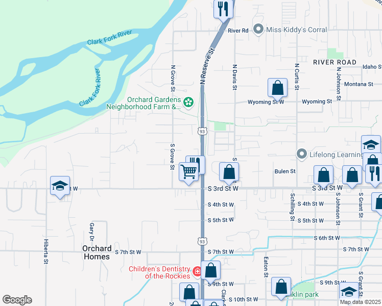 map of restaurants, bars, coffee shops, grocery stores, and more near 2502 Gleason Street in Missoula