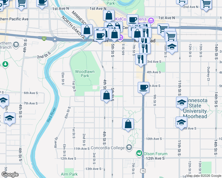 map of restaurants, bars, coffee shops, grocery stores, and more near 505 5th Street South in Moorhead