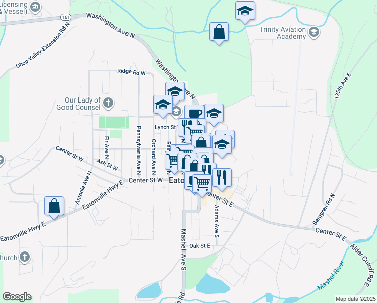 map of restaurants, bars, coffee shops, grocery stores, and more near 185 Mashell Avenue North in Eatonville
