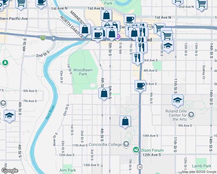 map of restaurants, bars, coffee shops, grocery stores, and more near South 5th Street in Moorhead