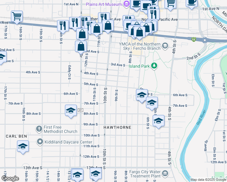 map of restaurants, bars, coffee shops, grocery stores, and more near 505 9th Street South in Fargo