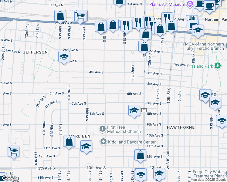 map of restaurants, bars, coffee shops, grocery stores, and more near 1423 6th Avenue South in Fargo