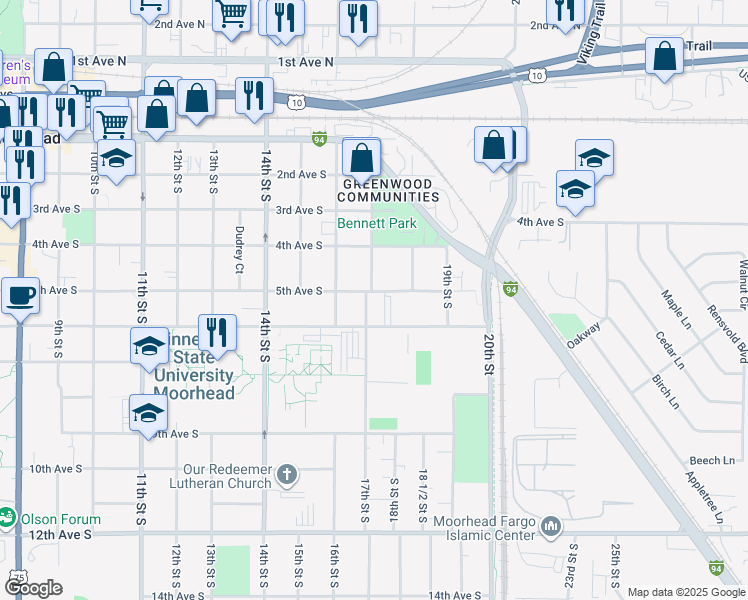 map of restaurants, bars, coffee shops, grocery stores, and more near 504 17th Street South in Moorhead