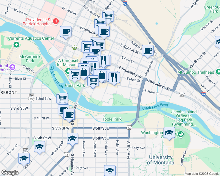 map of restaurants, bars, coffee shops, grocery stores, and more near 301 East Front Street in Missoula