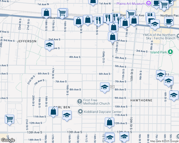 map of restaurants, bars, coffee shops, grocery stores, and more near 1423 6th Avenue South in Fargo