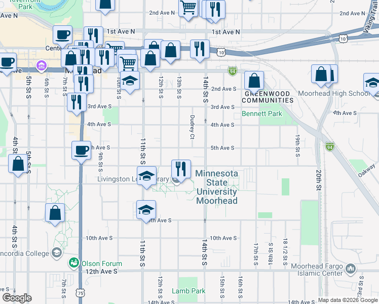 map of restaurants, bars, coffee shops, grocery stores, and more near 1315 5th Avenue South in Moorhead