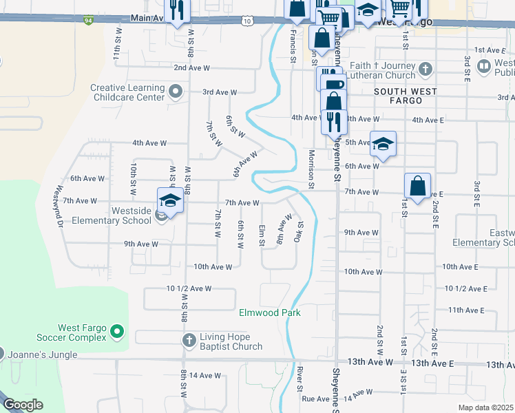 map of restaurants, bars, coffee shops, grocery stores, and more near 702 Elm Street in West Fargo