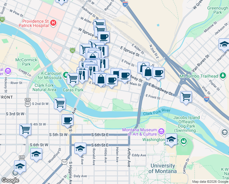 map of restaurants, bars, coffee shops, grocery stores, and more near 325 East Front Street in Missoula