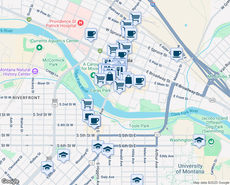 map of restaurants, bars, coffee shops, grocery stores, and more near 195 Pattee Creek Drive in Missoula