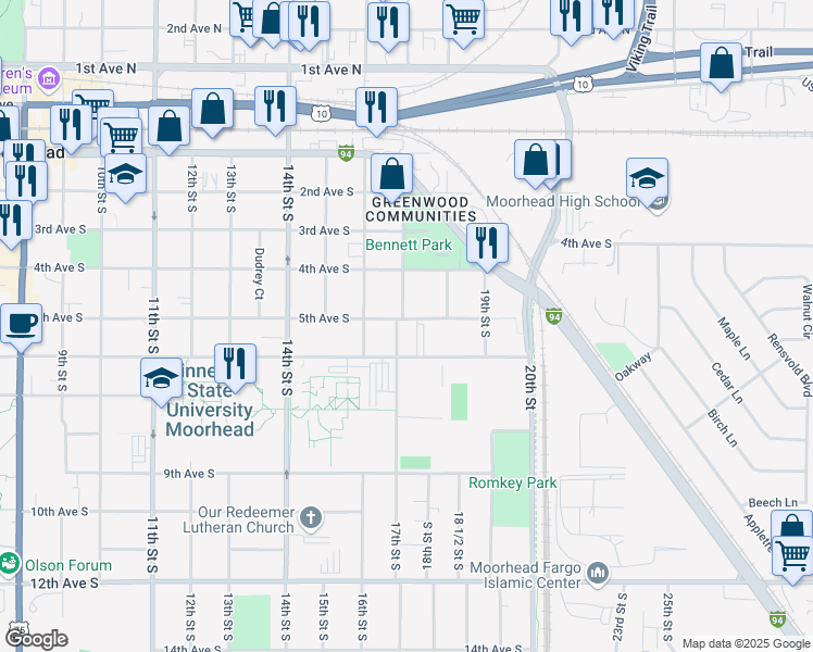 map of restaurants, bars, coffee shops, grocery stores, and more near 504 17th Street South in Moorhead