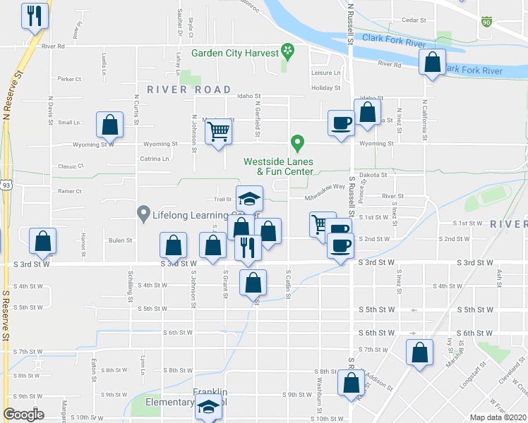 map of restaurants, bars, coffee shops, grocery stores, and more near 250 South Garfield Street in Missoula