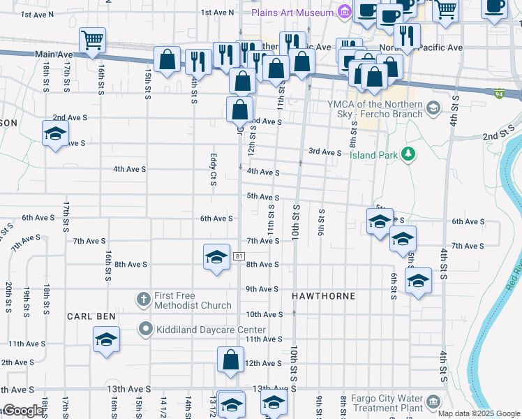 map of restaurants, bars, coffee shops, grocery stores, and more near 503 11th Street South in Fargo