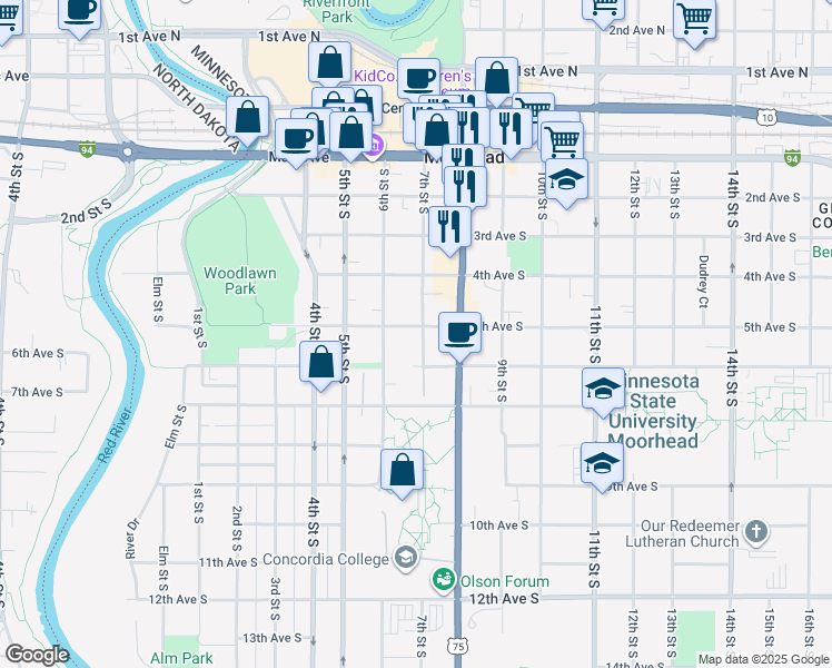 map of restaurants, bars, coffee shops, grocery stores, and more near 505 7th Street South in Moorhead
