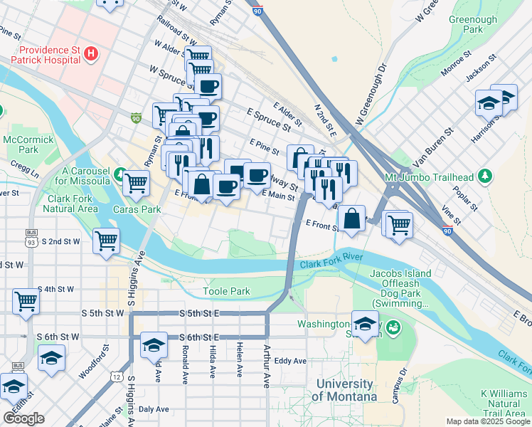 map of restaurants, bars, coffee shops, grocery stores, and more near 101 Jefferson Street in Missoula