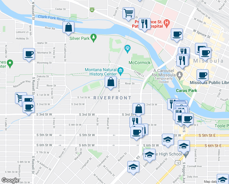 map of restaurants, bars, coffee shops, grocery stores, and more near 712 South 1st Street in Missoula