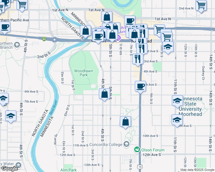 map of restaurants, bars, coffee shops, grocery stores, and more near 411 5th Avenue South in Moorhead