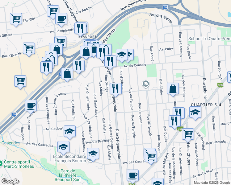 map of restaurants, bars, coffee shops, grocery stores, and more near 164 Rue Seigneuriale in Quebec