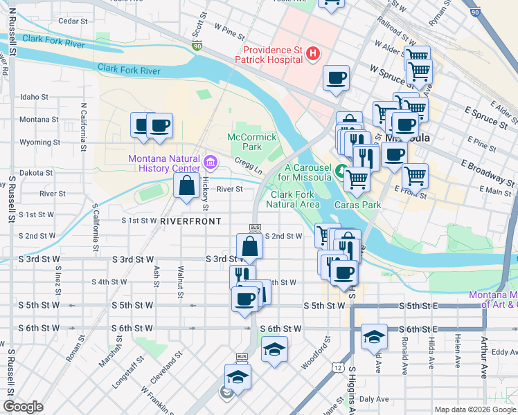 map of restaurants, bars, coffee shops, grocery stores, and more near 460 South 1st Street West in Missoula