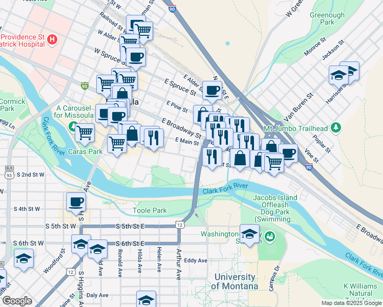 map of restaurants, bars, coffee shops, grocery stores, and more near 526 East Front Street in Missoula
