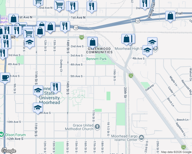 map of restaurants, bars, coffee shops, grocery stores, and more near 504 17th Street South in Moorhead