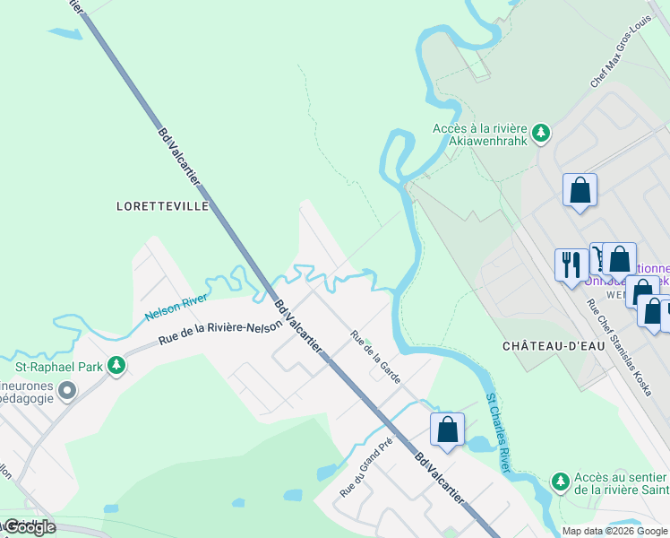 map of restaurants, bars, coffee shops, grocery stores, and more near 2942 Rue de la Rivière-Nelson in Québec