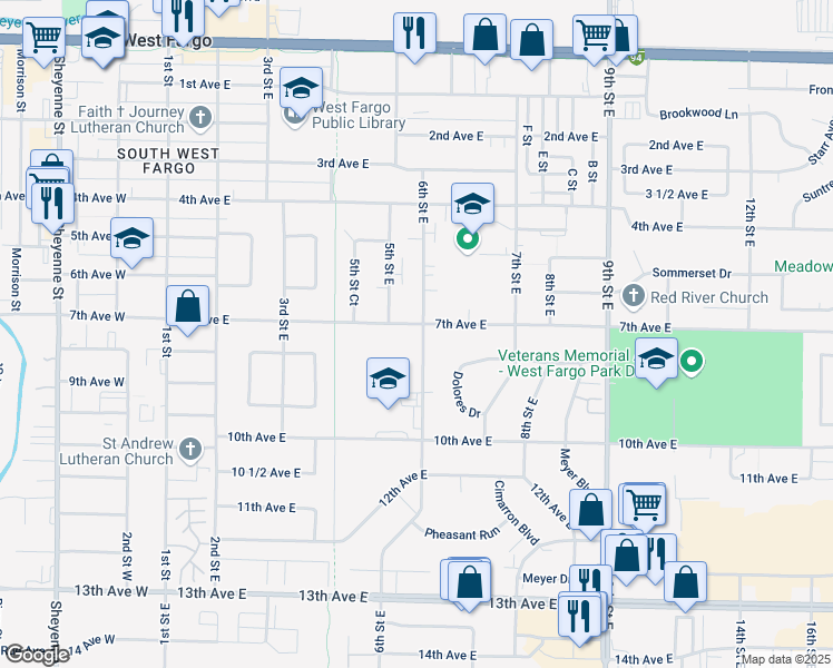 map of restaurants, bars, coffee shops, grocery stores, and more near 513 7th Avenue East in West Fargo