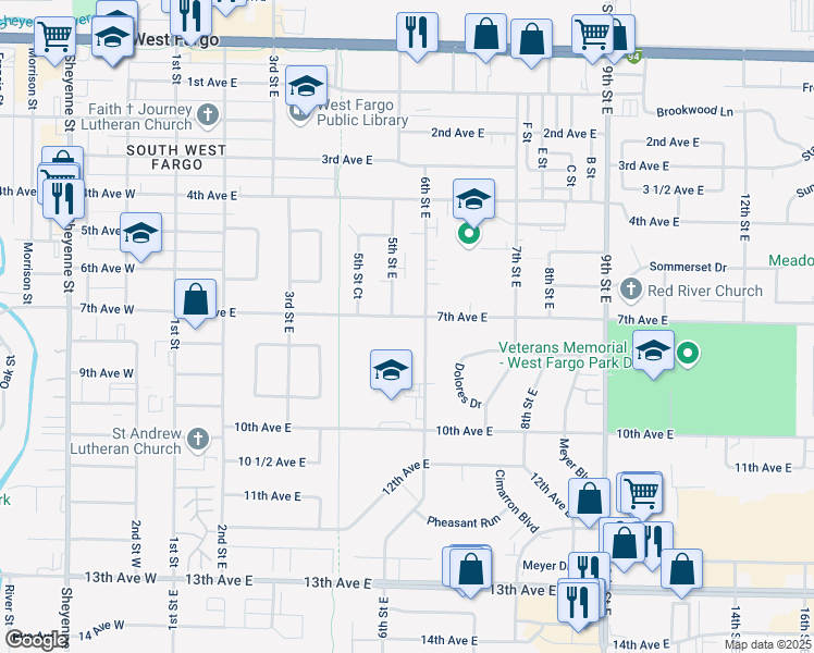 map of restaurants, bars, coffee shops, grocery stores, and more near 513 7th Ave E in West Fargo