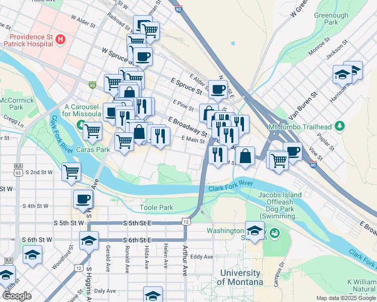 map of restaurants, bars, coffee shops, grocery stores, and more near 427 East Front Street in Missoula