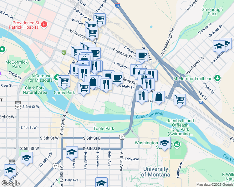 map of restaurants, bars, coffee shops, grocery stores, and more near 427 East Front Street in Missoula