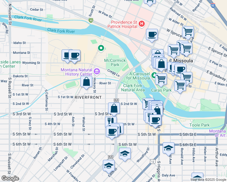 map of restaurants, bars, coffee shops, grocery stores, and more near 528 South 1st Street West in Missoula