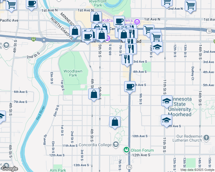 map of restaurants, bars, coffee shops, grocery stores, and more near 509 South 6th Street in Moorhead
