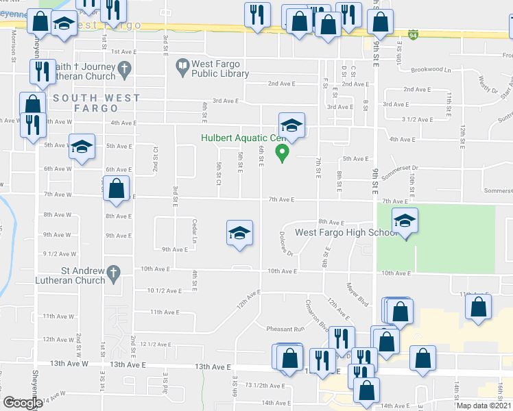 map of restaurants, bars, coffee shops, grocery stores, and more near 513 7th Avenue East in West Fargo