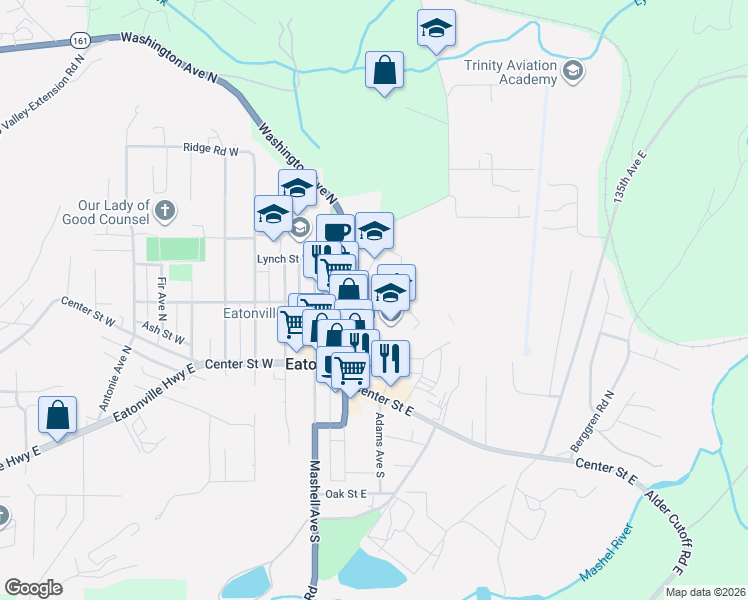 map of restaurants, bars, coffee shops, grocery stores, and more near 207 Carter Street East in Eatonville