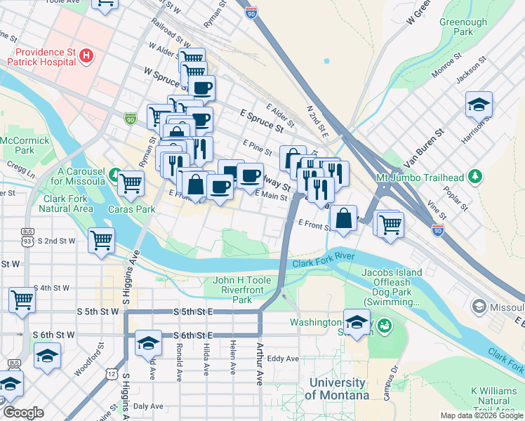 map of restaurants, bars, coffee shops, grocery stores, and more near 502 East Front Street in Missoula