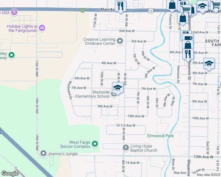 map of restaurants, bars, coffee shops, grocery stores, and more near 943 7th Avenue West in West Fargo